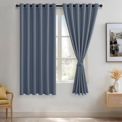 JIUZHEN Dusty Blue Blackout Curtains with Tiebacks Thermal Insulated,Light Blocking and Noise Reducing Grommet Curtains for Bedroom and Living Room, Set of 2 Window Curtain Panels, 70 x 63 Inch Length