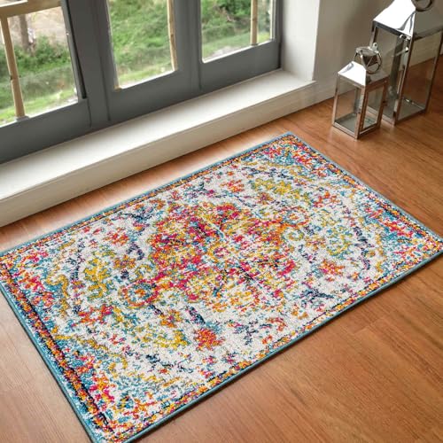 Livabliss Lou Asmara Vintage Runner 60x90 cm – Multicolour Boho Style for Hallway & Kitchen, Easy Care Floor Covering, Red Orange Teal Beige