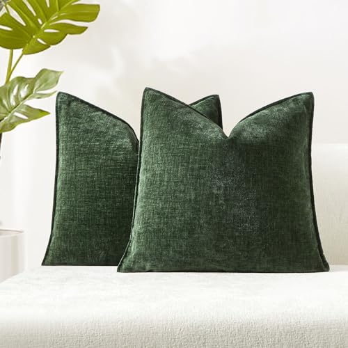 JUSPURBET 16x16 Chenille Decorative Throw Pillow Covers Set of 2,Green - Decorative Chenille Texture Cushion Covers,for Couch Bed Sofa Living Room Bedroom,Luxury Modern Home Decor,Christmas Decor