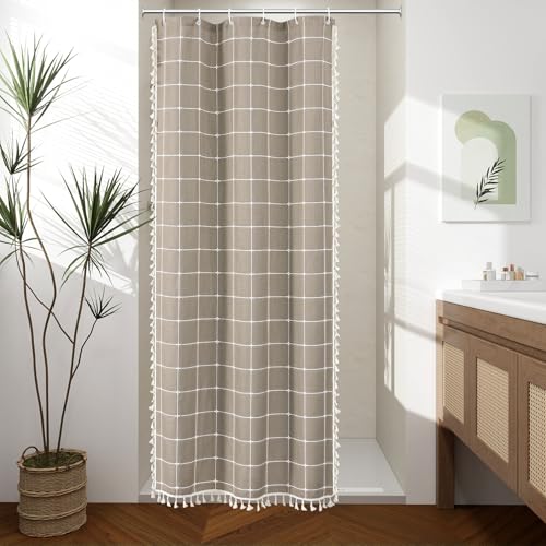Gibelle Small Stall Shower Curtain 36 x 72, Narrow Half Boho Farmhouse Tassel Shower Curtain, Rustic Country Textured Bathroom Curtains Shower Set, Taupe