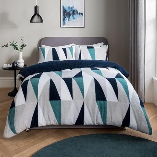 Sleepdown Geometric Teddy Fleece Thermal Warm Cosy Super Soft Duvet Cover Quilt Bedding Set with Pillow Cases - Navy - Super King (220 cm x 260 cm)