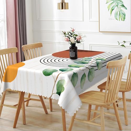 TTQYFNM 54x70inches Mid Century Rectangle Tablecloth Boho Abstract Geometric Table Cover Green Eucalyptus Leaves Waterproof Spillproof Table Cloth for Kitchen Dining Table Camping Picnic Party Decor