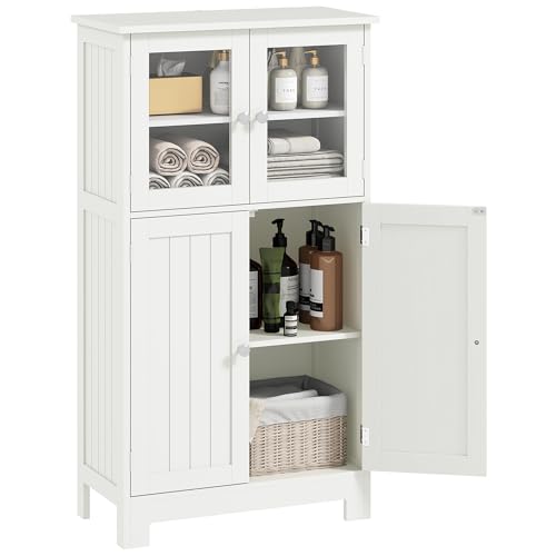kleankin Bathroom Floor Cabinet, Freestanding Kitchen Cupboard with 2 Drawers, Adjustable Shelves and Tempered Glass Door, Wooden Storage Unit for Living Room Kitchen Hallway