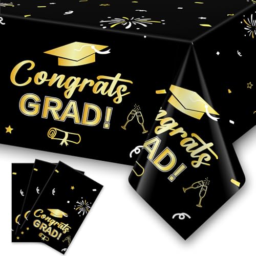 "Graduation Tablecloth 3 Pack, Black and Gold Graduation Decorations Class of 2025, Graduation Party Table Decorations 2025 Large Size Plastic Tablecloth 54""x108"" Graduation Party Supplies Table Cover"