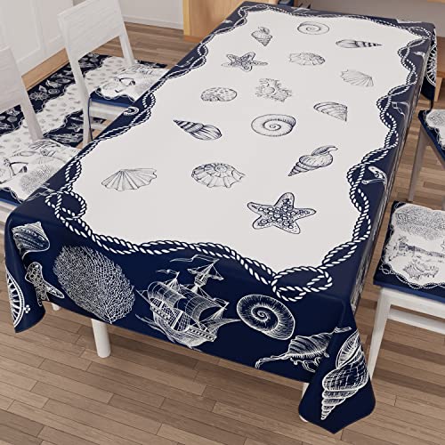 PETTI Artigiani Italiani - Stain Resistant Tablecloth Rectangular 140x240 cm 12 Seats, Wipe Clean Microfibre Kitchen Table Cover, Nautical Navy Blue Design Marino 02, 100% Made in Italy