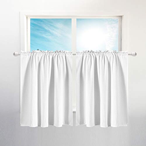 "Barossa Design Waffle Weave Half Window Tier Curtains: Small Bathroom Window Curtains Waterproof with 36 inch Length Short Length for Cafe & Kitchen - White, 36""x36"" for Each Panel, Set of 2"