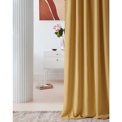 ROOM99 Laurel Curtain with Ruffle Tape, 140 x 280 cm, Width x Height Blackout Opaque Sliding Curtains, Living Room, Bedroom for Rail System, Mustard, 1 Piece