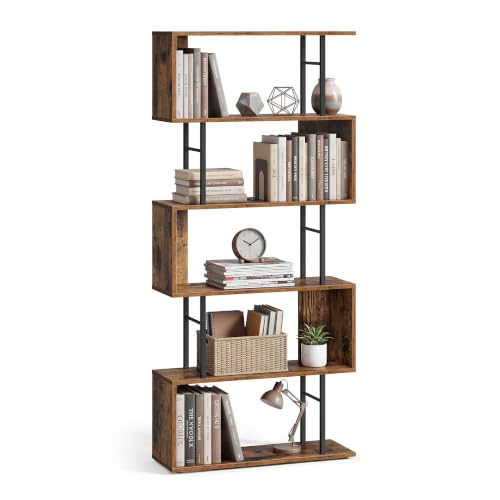 VASAGLE 6-Tier Bookshelf, S-Shaped Bookcase, Freestanding Display Shelf, Storage Rack for Living Room, Office, 60 x 24 x 159 cm, Rustic Brown and Matte Black, BARNET Collection LLS182KD01