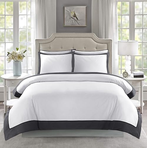 GC GAVENO CAVAILIA Frill Duvet Cover - Ultra Soft Poly Cotton Double Duvet Set & Pillowcases - Lightweight Comforter Cover, Breathable Double Bedding Sets (200 x 200 cm) - White/Charcoal