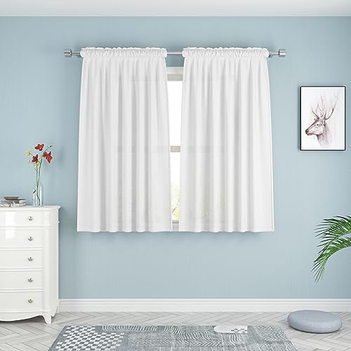 UPOPO White Curtains Privacy Curtains 45 inches Long Linen Textured Kitchen Semi Sheer Drapes Living Room Bedroom Basement Window Curtain 2 Panels Rod Pocket
