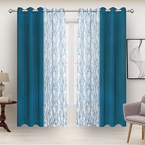 Bonzer 4 Panels Set Mix and Match Curtains for Bedroom Living Room - 2 Pieces Branch Print Sheer Curtains & 2 Pieces Blackout Curtains Dining Room Grommet Window Drapes, 37x63 Inch/Panel, Teal