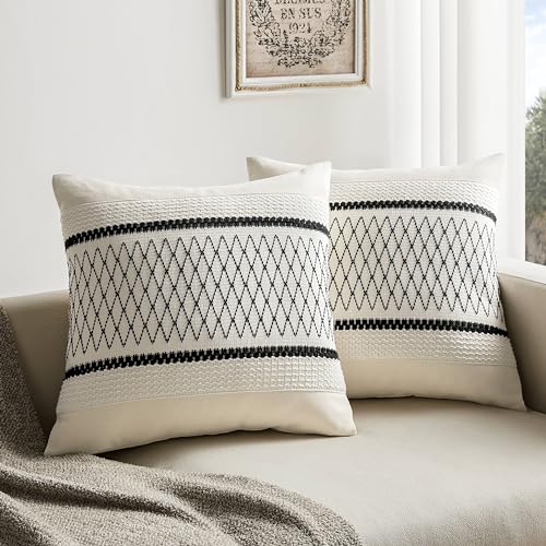 ZeeMart 2 Pack Boho Throw Pillow Covers, Grid Black 16x16in - Soft Breathable Cotton, Farmhouse Decorative Couch Pillow Cases, Cushion Covers for Sofa Bed Living Room Home Decor