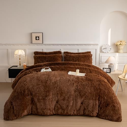 chovy Faux Fur Plush Coffee Comforter Sets Twin/Full Size - Ultra Soft Shaggy Flannel Velvet Fluffy Fuzzy 3PC Bedding Set ???Comforter x 1 Pillowcases x 2???