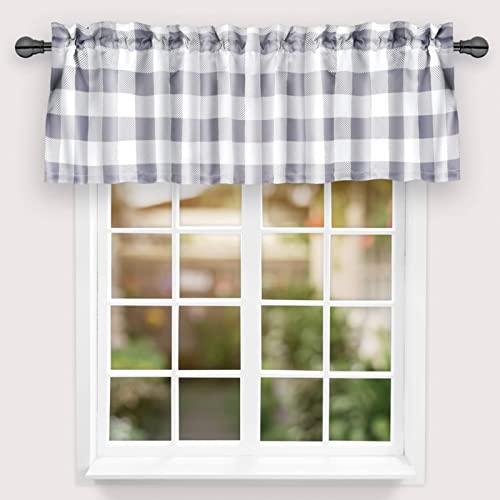 "Simple Deluxe Buffalo Check Kitchen Valances for Windows, Plaid Curtain Valance for Kitchen, Farmhouse, Living Room, Bedroom, Rod Pocket Curtain Valance, 52"" W x 15"" L, White and Gray"