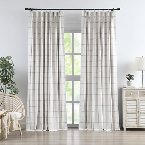 "Vision Home Flax Linen Plaid Pinch Pleated Full Blackout Curtains Checkered Thermal Insulated Window Panels 120 inch for Bedroom Living Room Darkening Rustic Pinch Pleat Drapes with Hooks 40""Wx120""Lx2"