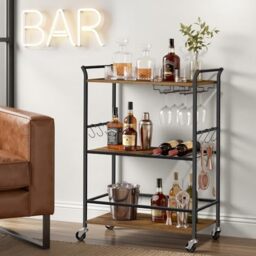 VASAGLE Drinks Trolley, Bar Cart, 3-Tier on Wheels, 64.5 x 32 x 85.5 cm, for Home Bar, Kitchen, Dining Room, Rustic Brown and Matte Black LRC200K101