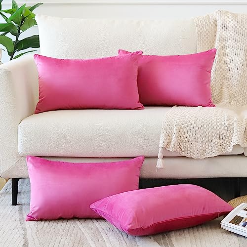 OTOSTAR Set of 4 Decorative Throw Pillow Covers Soft Velvet Solid Lumbar Pillow Cases Luxury Cushion Covers Case for Sofa Car Patio Bedroom Living Room 16x24 Inch, Hot Pink
