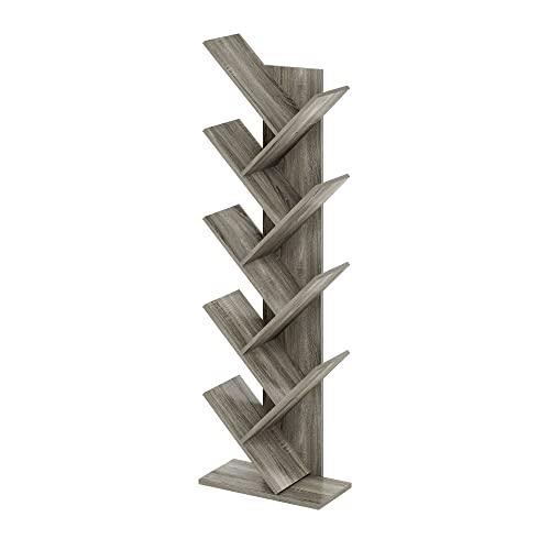 Furinno TREE Book Shelf, 9-Tier Bookshelf, Tree Bookcase for Room Decor, 8.4 x 15.7 x 50.9, for Living Room, Bedroom, Home Office, French Oak