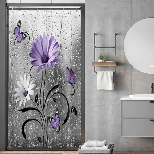 Rustic Purple Floral Boho Shower Curtain, Country Farmhouse Daisy Spring Flowers and Butterfly Shower Curtain for Bathroom, Grey Gray Violet Surreal Floral Bathroom Curtain with 12PCS Hooks, 70X70IN