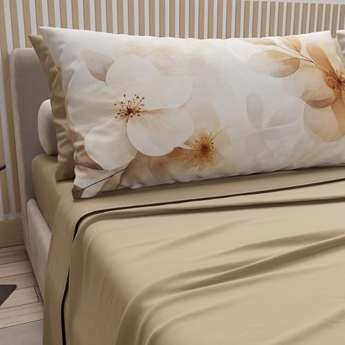 PETTI Artigiani Italiani - Cotton Sheets with Pillowcases in Digital Print, Single Sheet, Floral Design 29 Taupe, 100% Made in Italy