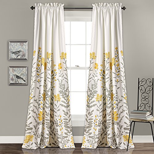 "Lush Decor Aprile Room Darkening Curtains Floral Leaf Design Window Panel Drapes Set for Living, Dining, Bedroom (Pair), 52"" W x 84"" L, Yellow & Gray"