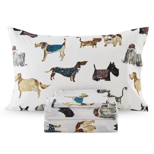 "Ivellow Twin Sheets Set Kids 100% Natural Cotton Sheets Soft Breathable Lightweight Percale Bed Sheets 16"" Deep Pocket Cartoon Dog Puppy Patterned Sheets Kids Twin Bedding Toddler Teen Dorm Essentials"