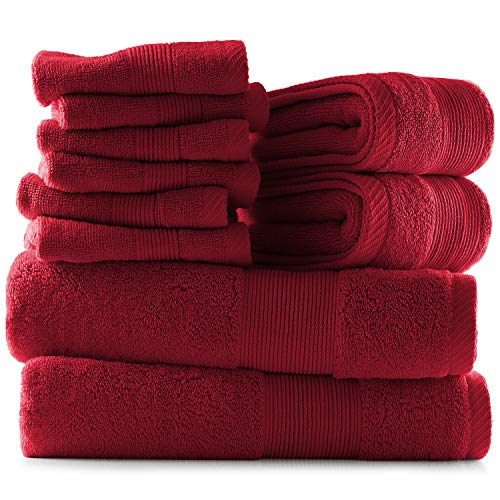 Hearth & Harbor 100% Ring Spun Cotton Bath Towels for bathroom - Luxury Bathroom Towels - Soft & Highly Absorbent Bath Towels Set, 10 Piece Set (2 Bath Towels, 2 Hand Towels, 6 Washcloths) - Red