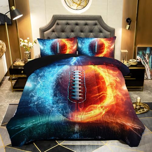 QOOMO 3Pcs American Football Comforter Set Full,Fire and Water Bedding Set for Teens Boys Girls,Rugby Printed Comforter with 2 Pillowcases,Down Alternative,Soft and Lightweight