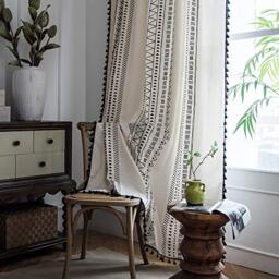 "ColorBird Geometric Semi-Blackout Window Curtains Bohemian Style Cotton Linen Curtain Panel with Pom Pom Rod Pocket Window Treatments for Dining Living Room Bedroom (52"" W x 95"" L, Cream)"