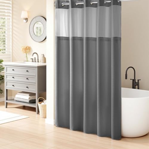 River Dream No Hooks Required Waffle Weave Shower Curtain with Snap in Liner - 71W x 74H,Hotel Grade,Spa Like Bath Curtain,Gray
