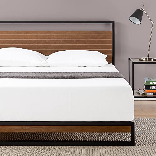 Zinus Suzanne Metal and Bamboo Bed Frame - Double 135x190 cm - 18 cm High - Low Profile - Headboard - Wood Slat Support - Easy Assembly - Black