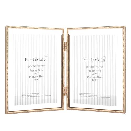 FineLiMoLa Gold 5x7''Double Floating Photo Frame for Size 3.5x5'', 4x6'',Beaded Metal Frame 5x7'',Adjustable Desktop/shelf Picture Frame, Classy Wedding Gift for Home and Office Decor
