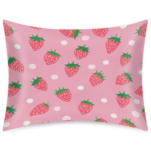 AUUXVA Pink Satin Pillowcase for Hair and Skin, Standard Size Girls Pillow Case Decorative Strawberry Pillow Sham with Envelope Closure Cute Pillow Cover for Bedroom Decor