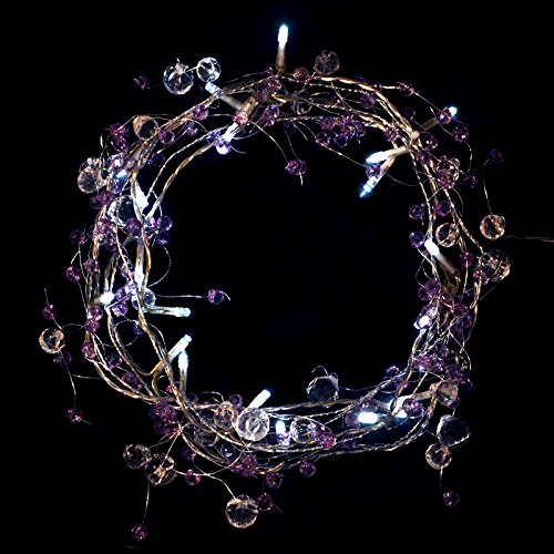 Mr Crimbo 20 White LED Light Garland Purple Crystal Beads Silver Wire Christmas Battery Op