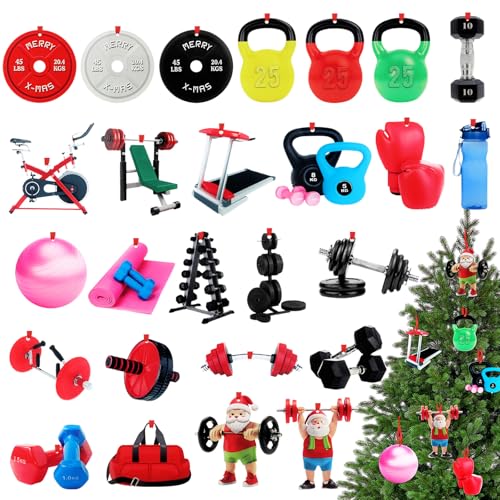 Syhood 26 Pcs Gym Christmas Ornaments Weightlifter Workout Fitness Ornaments for Christmas Tree Santa Double-Sided Acrylic Dumbbell Workout Gifts for Gym Lovers (Tools)