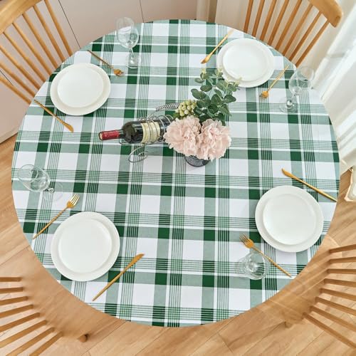 "NLMUVW Round Fitted Vinyl Tablecloth with Elastic Edge, 100% Waterproof Oil Proof Check PVC Table Cloth Wipe Clean Table Cover for Indoor and Outdoor, 40""- 44"""