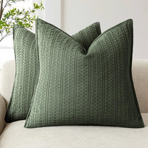Foindtower Set of 2 Decorative Cotton Waffle Weave Throw Pillow Covers Euro Shams Cushion Covers Accent European Pillowcase for Bed Couch Sofa Bedroom Living Room Home Decor 18??18 Inch Dark Green
