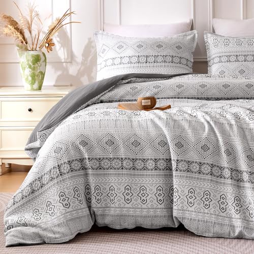 "SLEEP ZONE Duvet Cover Set Twin Size, 2 Pieces Boho Bedding Set for All Season 1 Durable and Soft Farmhouse Duvet Cover with 1 Pillow Sham, 68""x90"",Gray"