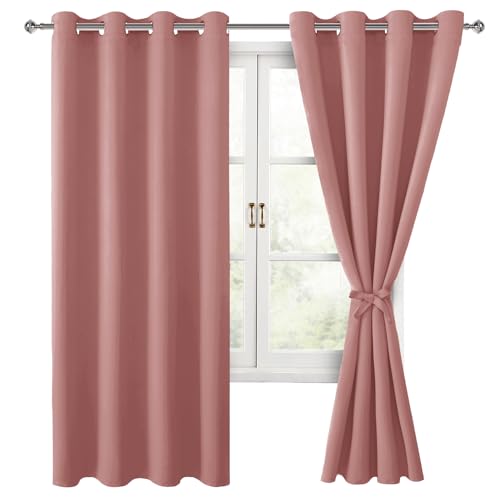 Hiasan Blackout Curtains for Bedroom, 52 x 63 Inches Length - Thermal Insulated & Energy Saving Window Curtains for Living Room, 2 Drape Panels Sewn with Tiebacks, Dusty Rose