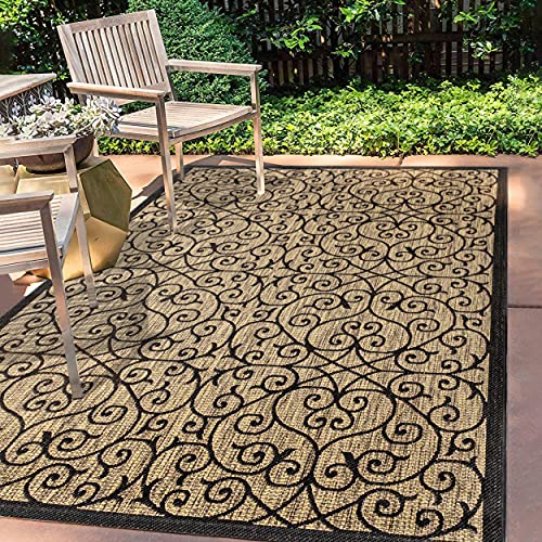 JONATHAN Y SMB107A-8 Madrid Vintage Filigree Textured Weave Indoor Outdoor Area Rug, Classic, Traditional, Easy Cleaning, Bedroom, Kitchen, Backyard, Patio, Non Shed, Black/Khaki, 240 cm X 300 cm