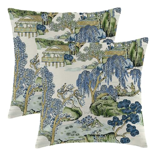 Wsunsal Chinoiserie Pillow Covers 24x24 Inch Set of 2, Asian Scenic Blue and Kelly Green Throw Pillows Farmhouse Chinoiserie Outdoor Decorative Pillowcase Linen Cushion Cover for Home Sofa Bedroom
