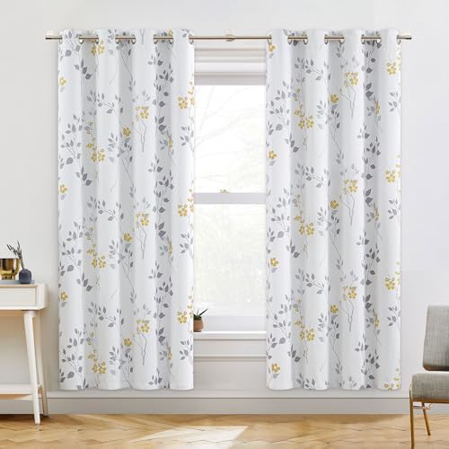 Beauoop Floral 100% Blackout Curtains Bedroom Yellow Grey 52X72 2 Panels - Flower Patterned Yellow White Room Darkening Drapes for Living Room Thermal Insulated Soundproof Window treatment Grommet