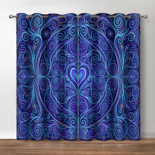 "Jekeno Hippie Bohemian Mandala Blackout Curtains Home Living Room Bedroom Decor, Indian Gypsy Abstract Texture Print Window Drapes 2 Panel Set, Blue 52""x63"""