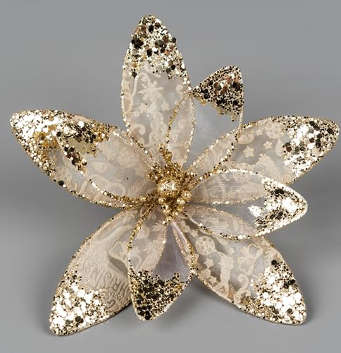 6Pcs - 20cm Deluxe Christmas Glitter Poinsettia Ivory Gold Artificial Flowers with Metal Clips Christmas Tree Decorations Wedding New Year Ornaments