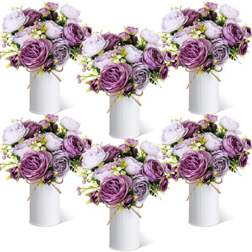 Solsew 6 Sets Artificial Peonies Flower Peony Bouquet with Galvanized Metal Pot Silk Fake Peonies Faux Flower Arrangements for Wedding Table Centerpiece Party Home Room (Purple)