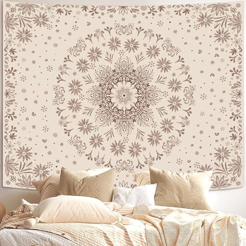 Fowocu Boho Floral Mandala Tapestry Wall Hanging Bohemian Flower Medallion Tapestry Aesthetic Beige Brown Hippie Indian Small Tapestries for Bedroom Living Room Dorm Decor 60 x 44 Inch