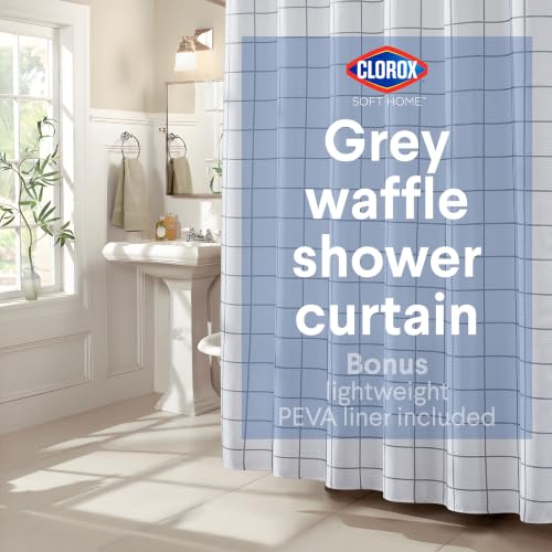 "Clorox Bathroom Waffle Windowpane Pattern Shower Curtain with Waterproof Lightweight PEVA Liner Set, Standard Size, Metal Grommets, No Hooks 72"" x 72"" - 2 Pc Set - Grey w Frosty PEVA"