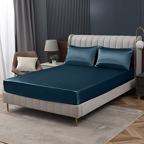 Homiest Deep Sea Blue Satin Fitted Sheet Queen Size, Deep Pocket, Luxury & Ultra Soft Bedding