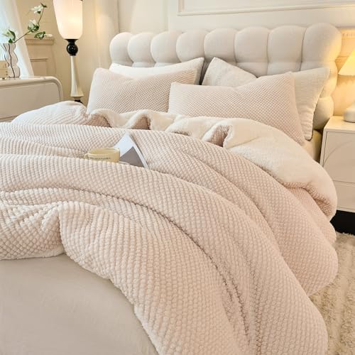"LLanCL 3D Jacquard Design Comforter Set, Ultra-Soft Warm Twin Size Sherpa Fur Plush 2-Pieces Sets Luxury Cozy Bedding with 1 Pillowcase (68""x90"", Cream White)"