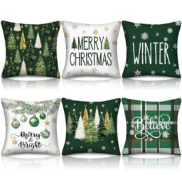 HunnmingRe 6 Set of Winter Watercolor Christmas Throw Pillow Covers 18 x 18 Inch Holiday Cushion Case Decoration Seasonal Decorative Outdoor Pillowcase for Couch Sofa Porch Farmhouse(Green)